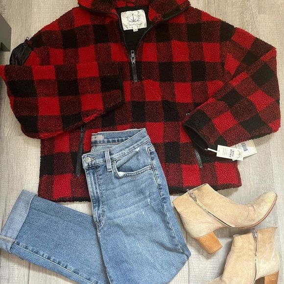 NWT NORDSTROM Faux fur cabin buffalo plaid thick fleece pullover 1/2 zip… - Picture 1 of 14